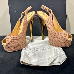 Giuseppe Zanotti Tan suede snakeskin peeptoe platform slingback - Sz 37